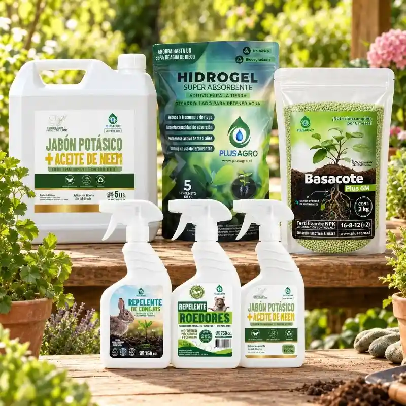 Caja Plusagro con hidrogel, jabón potásico con neem y semillas
