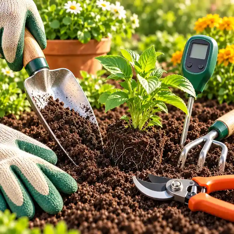 Herramientas de jardinería: pala, tijera y guantes