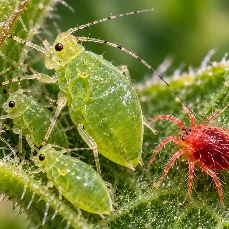 Pulgones y arañita roja en una hoja: control de plagas en plantas