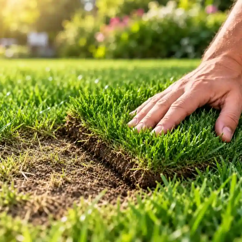 Mano sobre césped nuevo recién instalado: siembra y recuperación de pasto