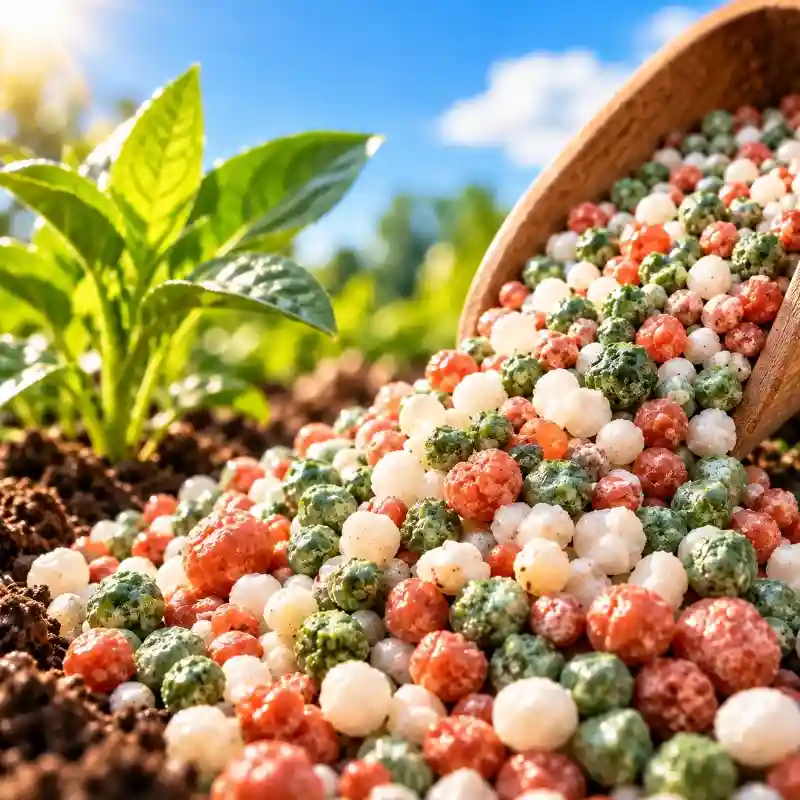 Fertilizante granulado NPK junto a una planta joven