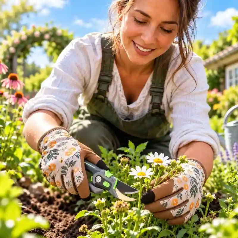 Mujer podando flores con tijera y guantes de jardinería