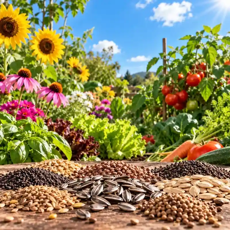 Semillas de flores y hortalizas con el huerto florecido de fondo
