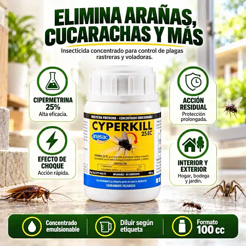 Insecticida para Arañas y Cucarachas | Cyperkill 25 EC 100 cc