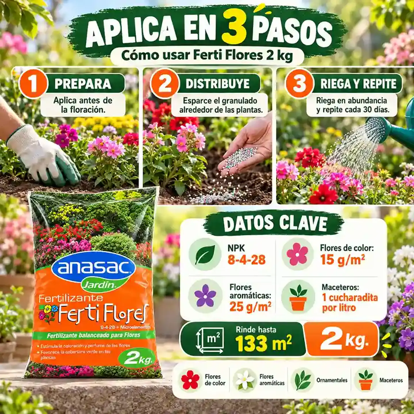 Fertilizante Ferti Flores 2 kg Anasac | NPK 8-4-28 para Floración y Color 3