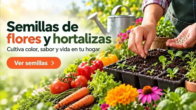 Manos con semillas de flores y hortalizas junto a bandejas de almácigos