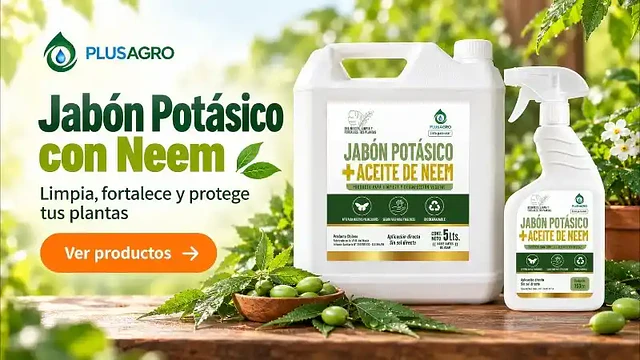 Jabón potásico con aceite de neem Plusagro aplicado con pulverizador sobre hojas verdes