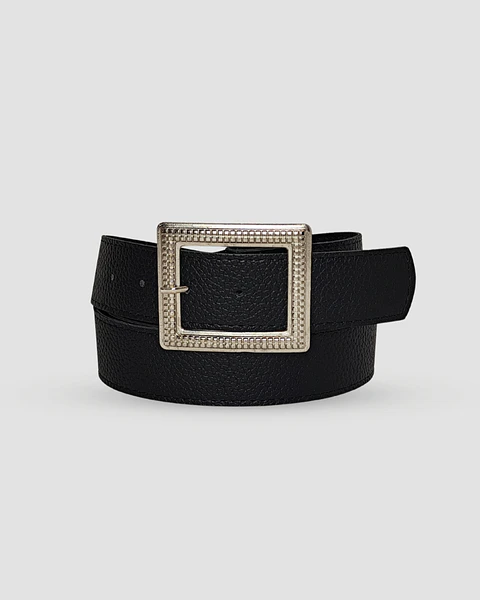 Cinturón Negro Hebilla Cuadros Plata