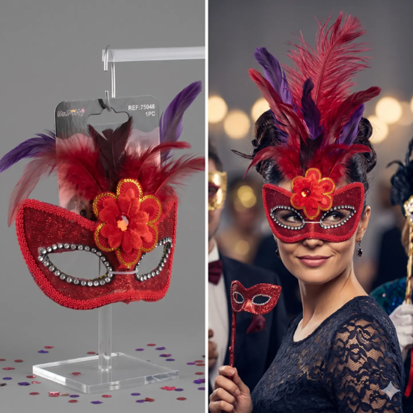 ANTIFAZ ROJO CON PLUMAS  2