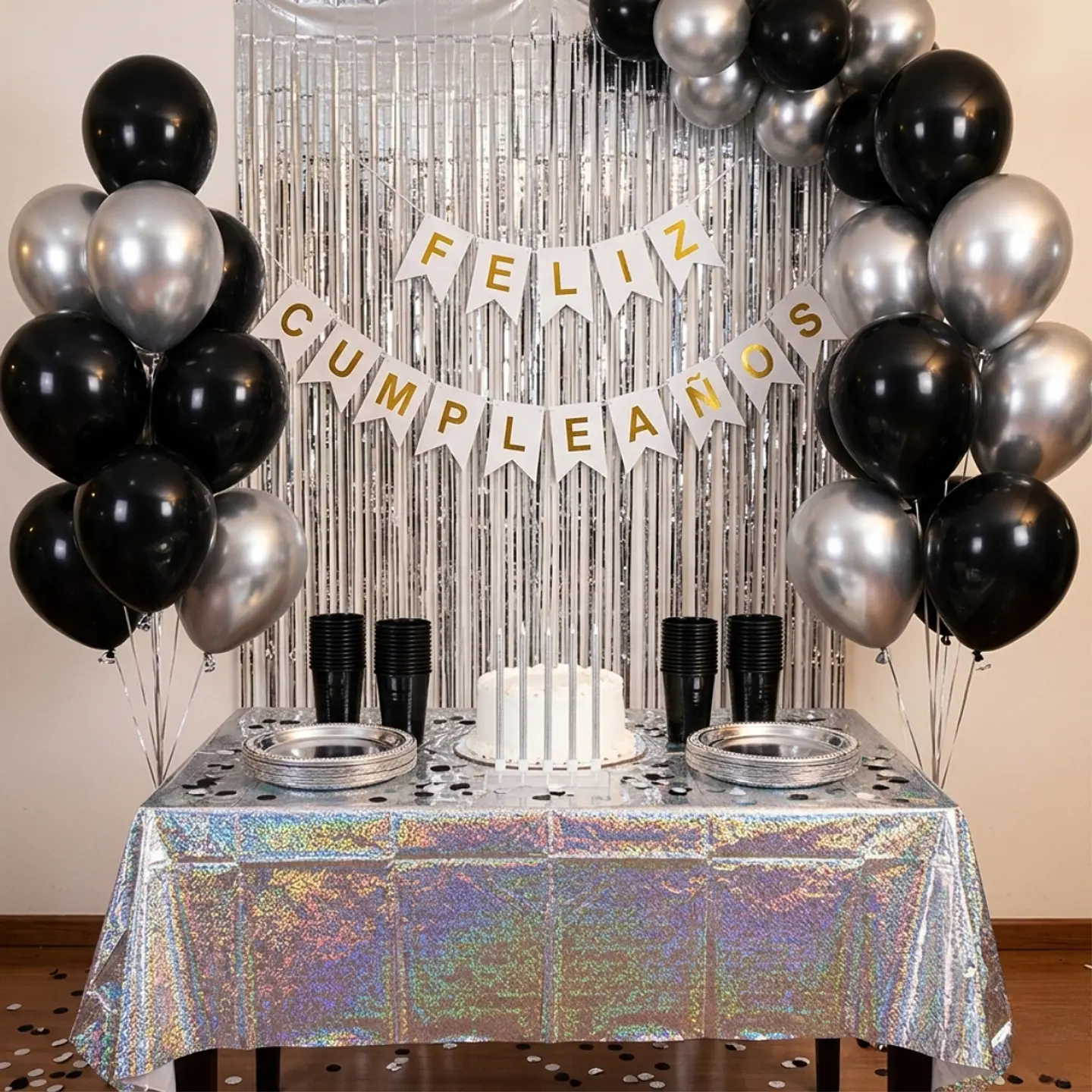 🎉Popix Box Cumpleaños – Plateado con Negro para 20 personas 1