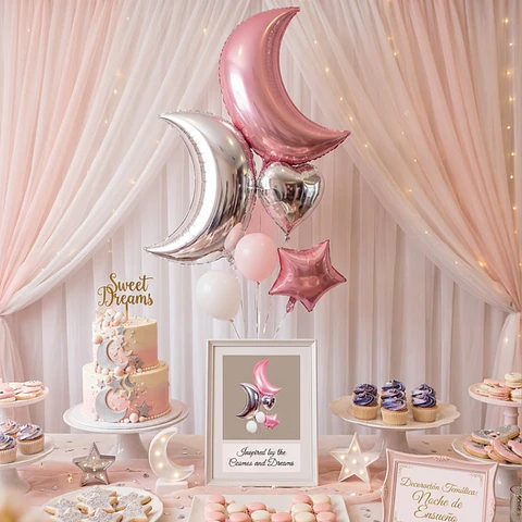 Set de Globos Lunas y Estrellas Rosa/Plata 6 pcs – Popix