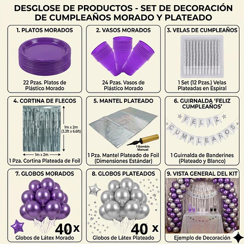 🎉 Popix Box Cumpleaños – Plateado con Morado para 20 personas