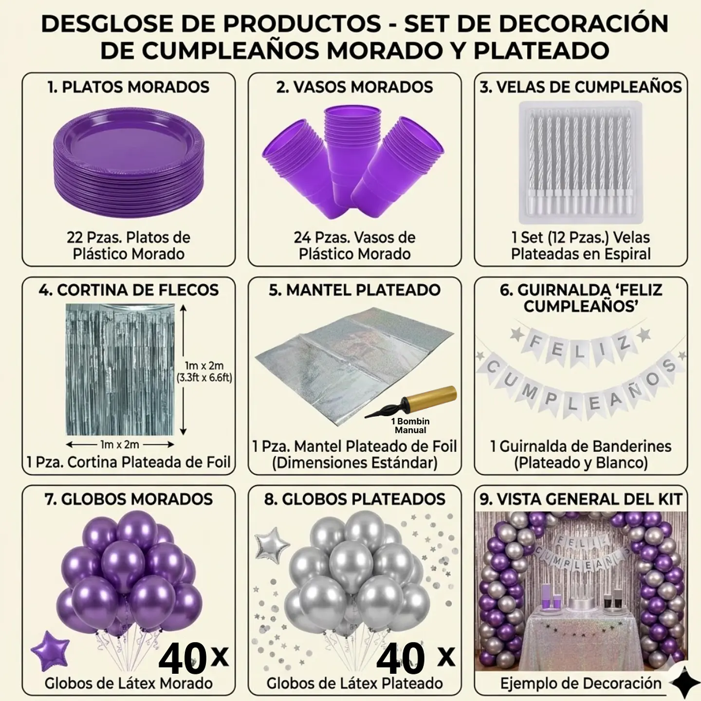 🎉 Popix Box Cumpleaños – Plateado con Morado para 20 personas 2