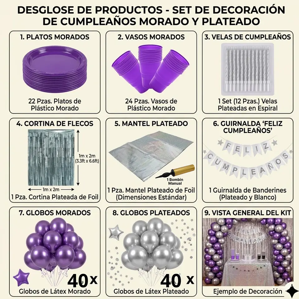 🎉 Popix Box Cumpleaños – Plateado con Morado para 20 personas 2