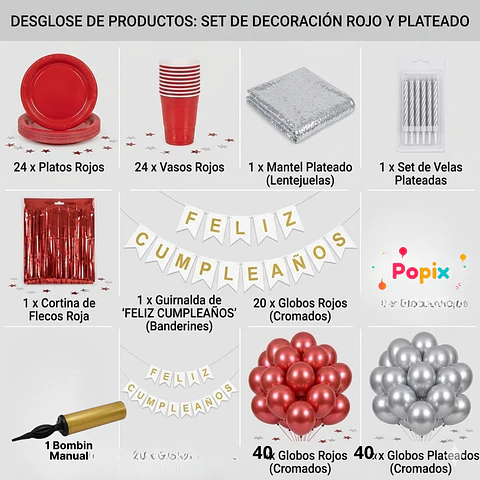 🎉 Popix Box Cumpleaños – Rojo y Plateado para 20 personas 