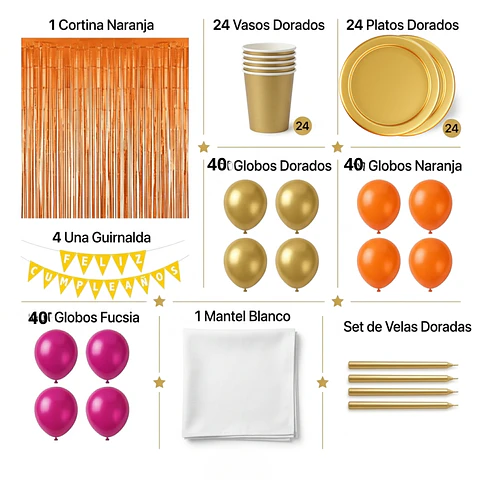 🎉 Popix Box Cumpleaños – Naranja , Dorado y Fucsia para 20 personas