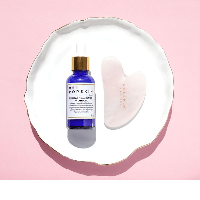 Pack Gua Sha Cuarzo Rosa + Serum Ác. Hialurónico y Vit C