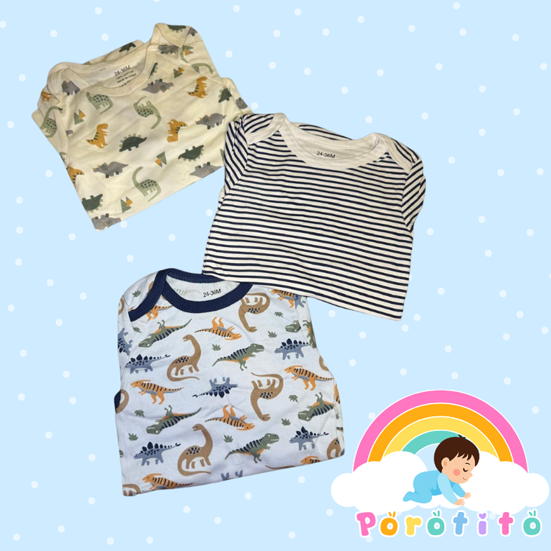 Set 3 bodies Niño 100 % Dinosaurios algodón Talla 24-36 meses 2