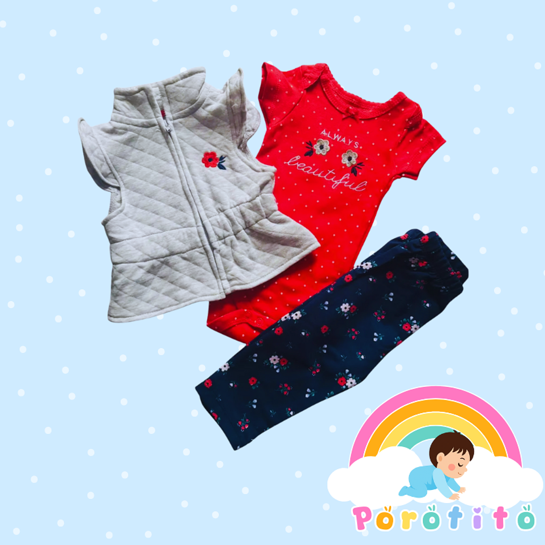 Conjunto 3 piezas  polerón+body+calza 100% algodón 1