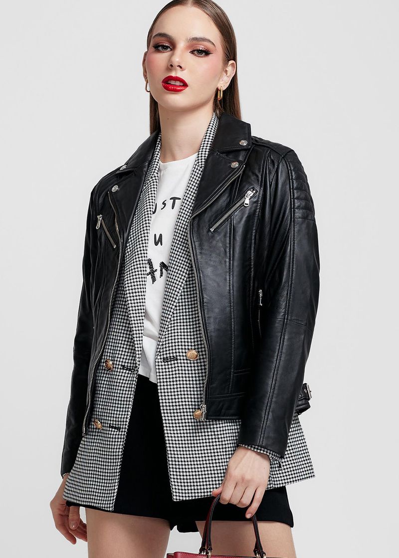 CASACA ESTILO BIKER EN CUERO COLOR ENTERO Style 4