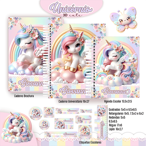 Pack Volta às Aulas 2025 Unicórnio 3D Cute #01 - PDF e PNG