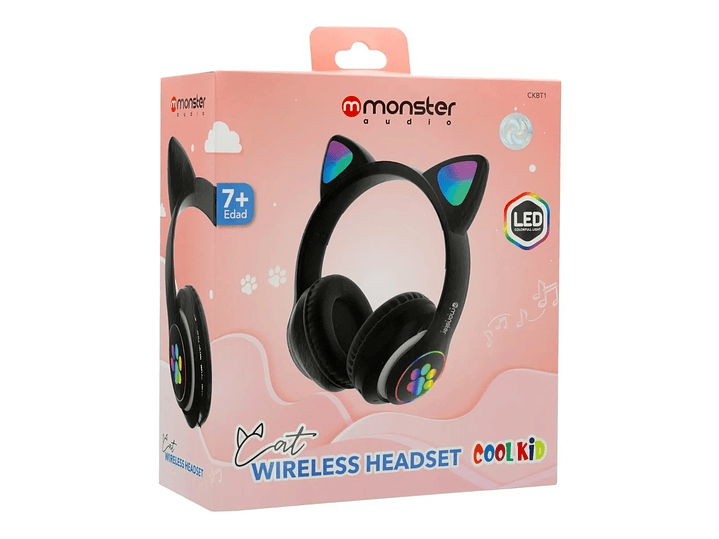 Audifono Wireless Monster Kids Cat Negro Luz Led 4