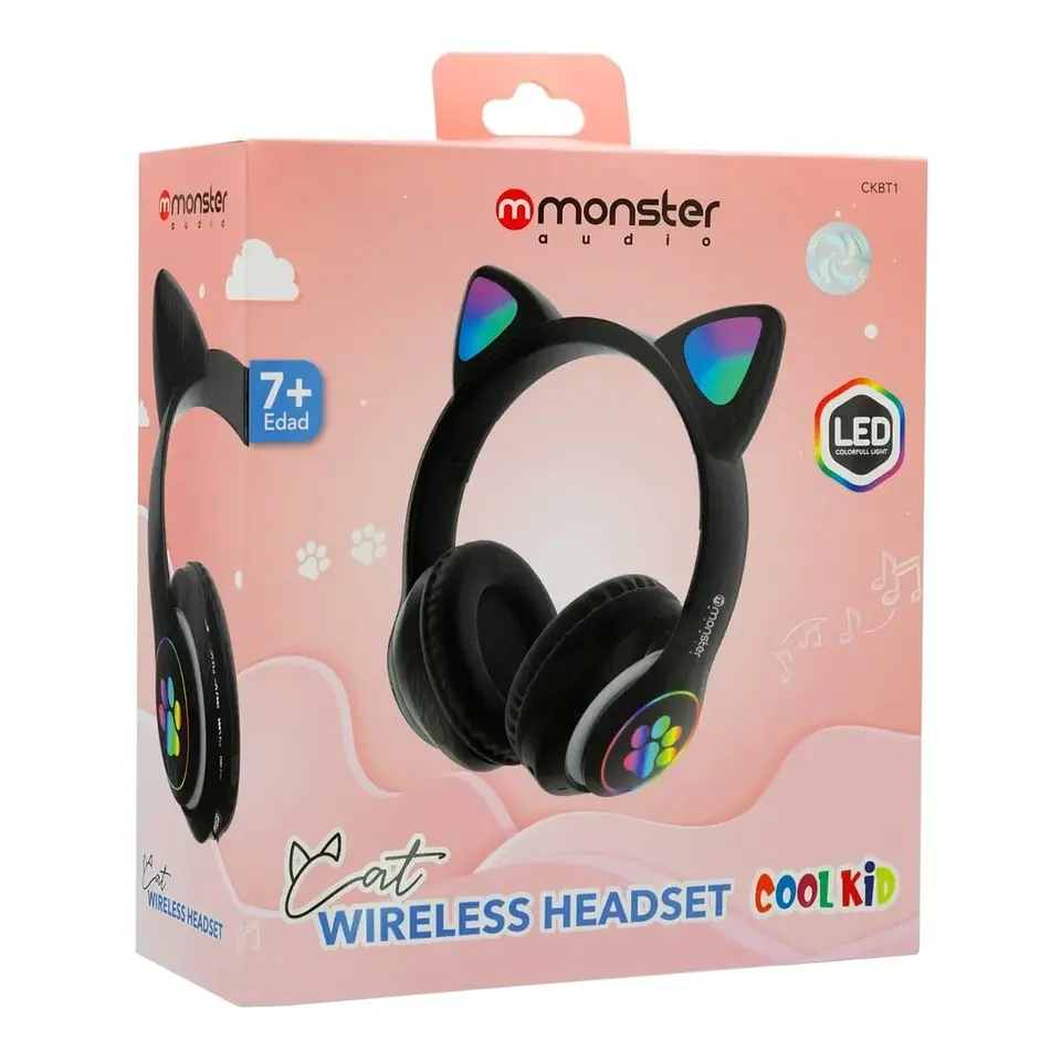 Audifono Wireless Monster Kids Cat Negro Luz Led 4