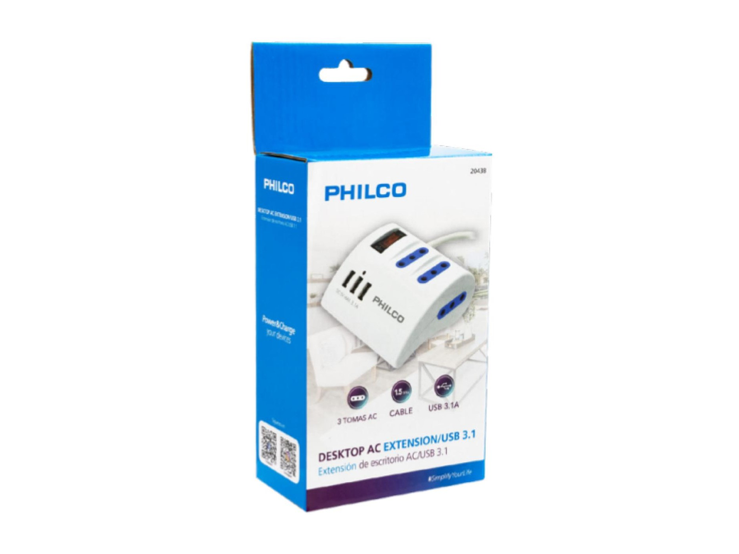 Alargador Extension Philco 3 POS y 3 USB Blanco 2043B 2