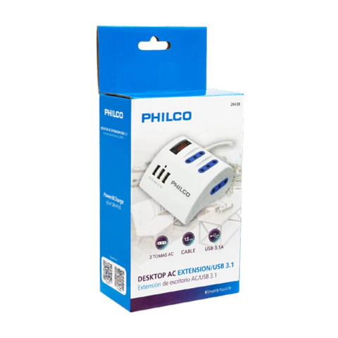 Alargador Extension Philco 3 POS y 3 USB Blanco 2043B