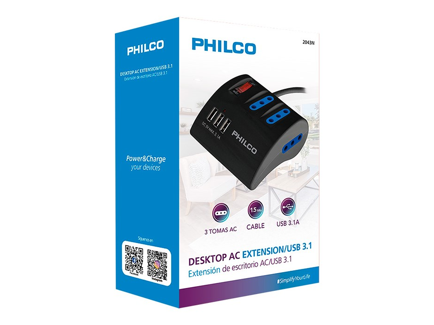 Alargador Extension Philco 3 POS y 3 USB Negro 2043N 2