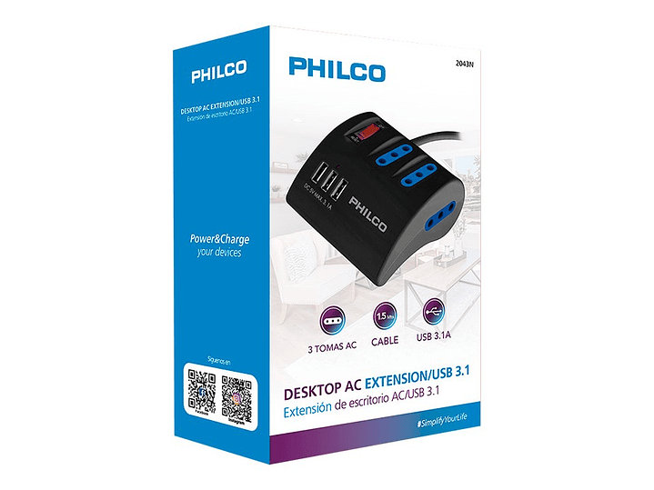 Alargador Extension Philco 3 POS y 3 USB Negro 2043N 2
