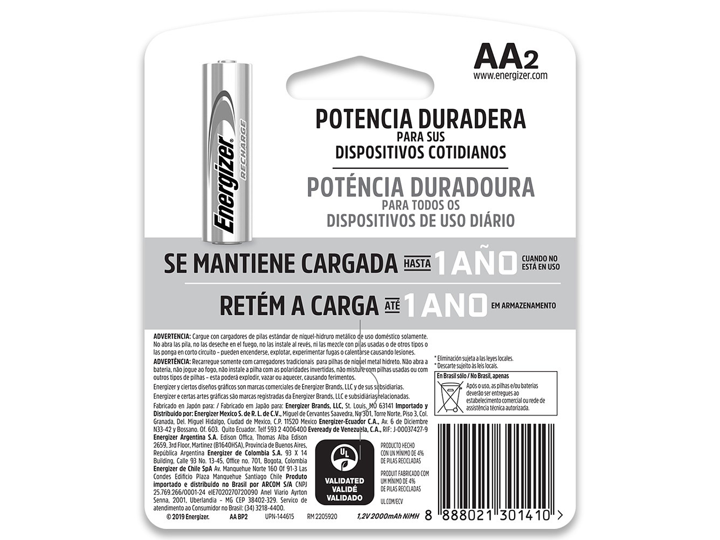 Pack 2 Pilas AA Recargables Energizer 2000mha 2