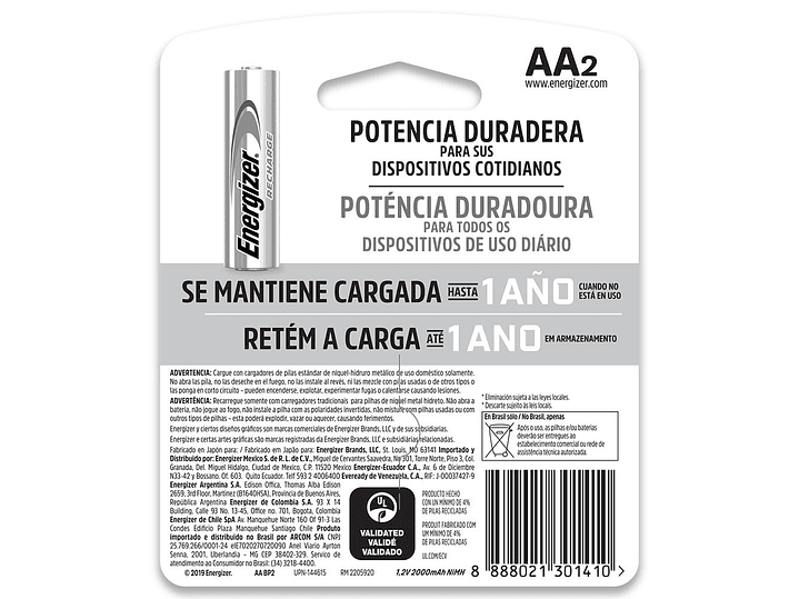 Pack 2 Pilas AA Recargables Energizer 2000mha 2