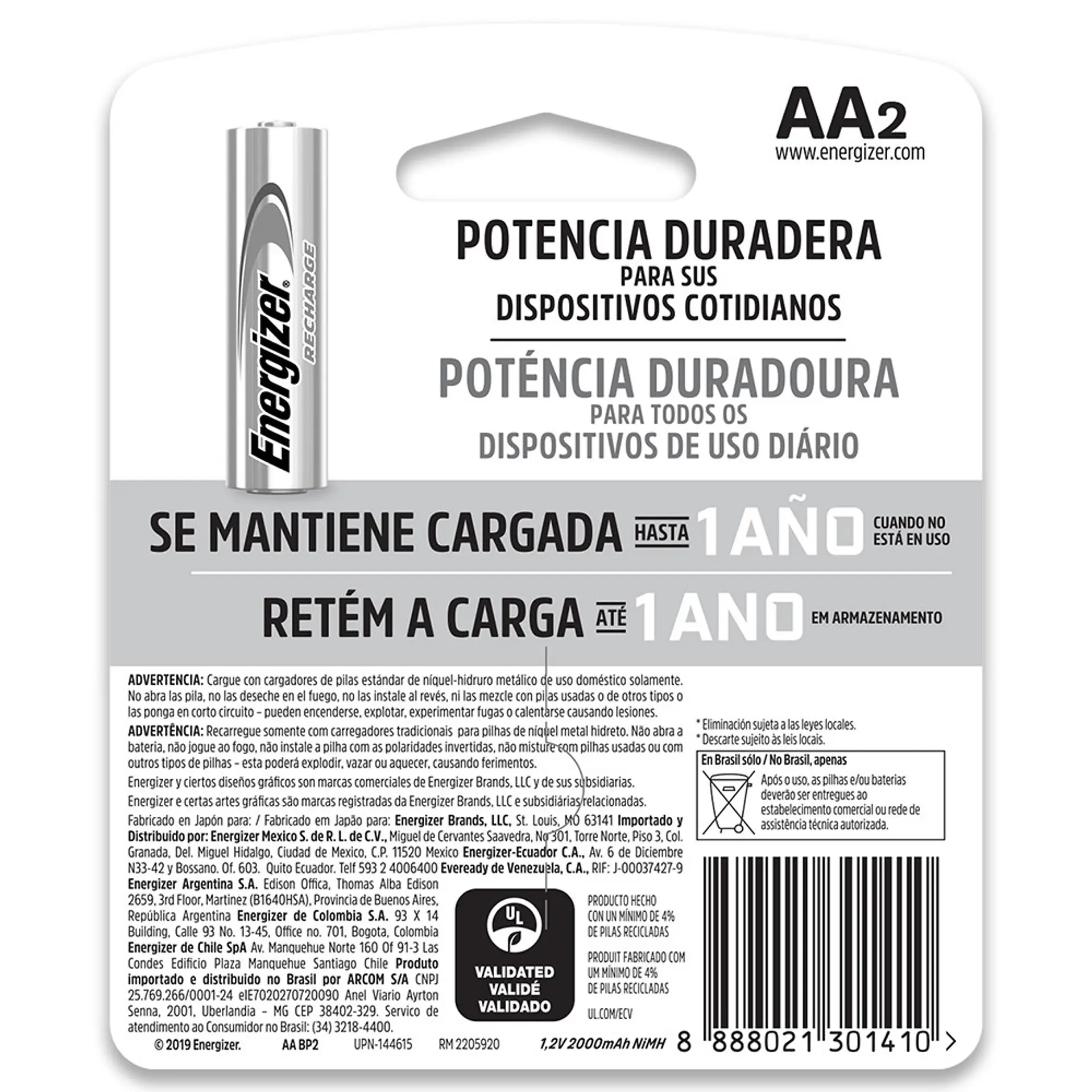 Pack 2 Pilas AA Recargables Energizer 2000mha 2