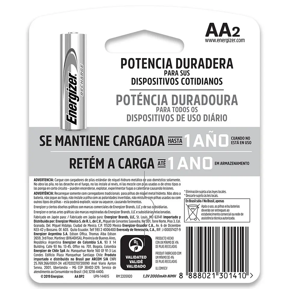 Pack 2 Pilas AA Recargables Energizer 2000mha 2