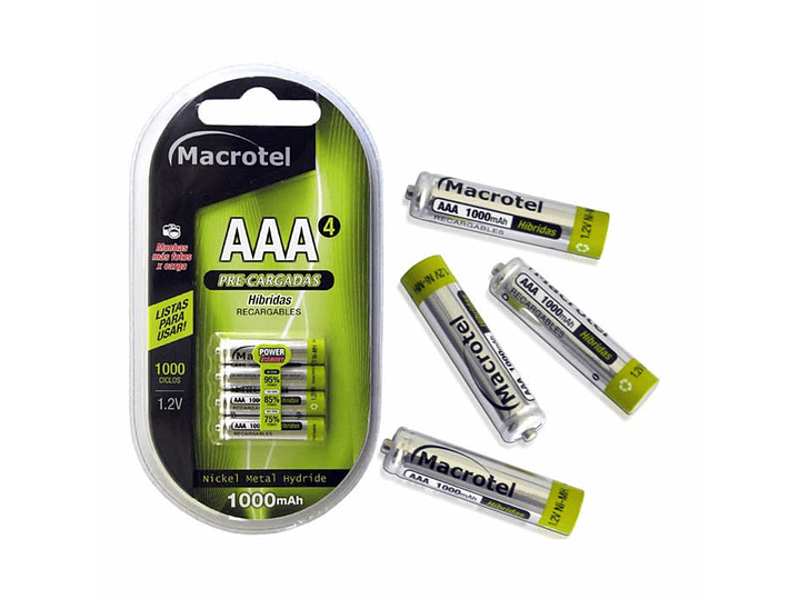 Pack 4 Pilas AAA Recargables Macrotel 1000mha 1