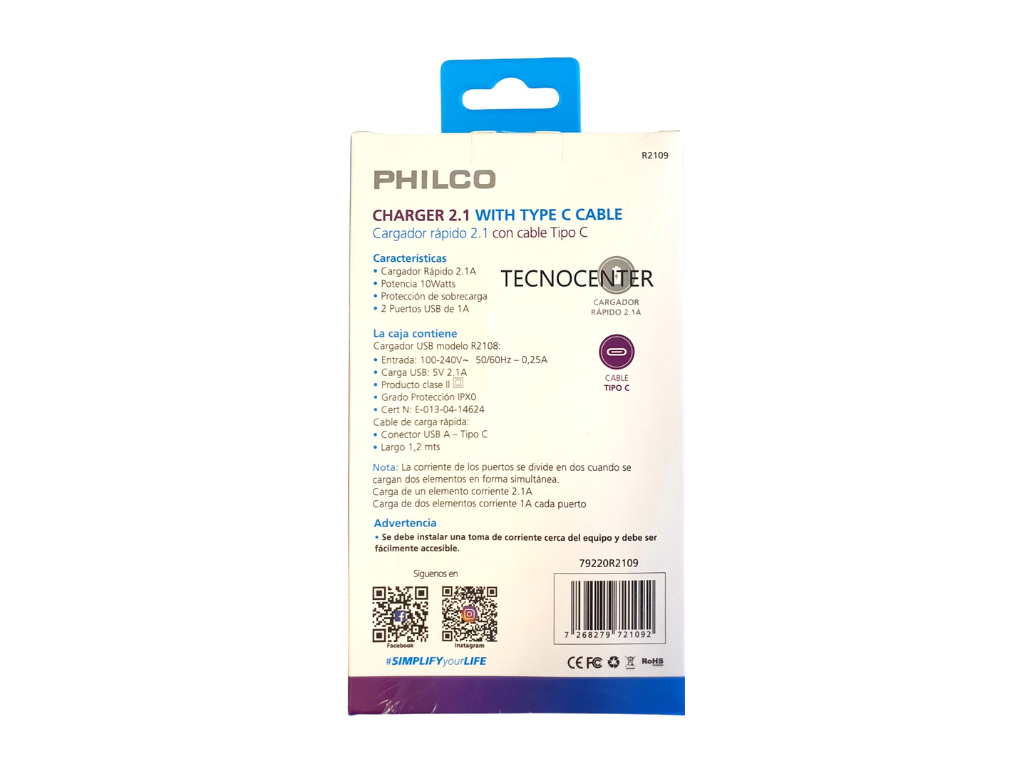 Cargador Pared y Cable Tipo C Philco 2.1A 2