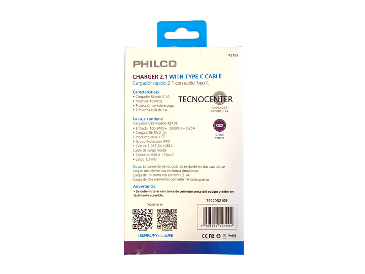 Cargador Pared y Cable Tipo C Philco 2.1A 2