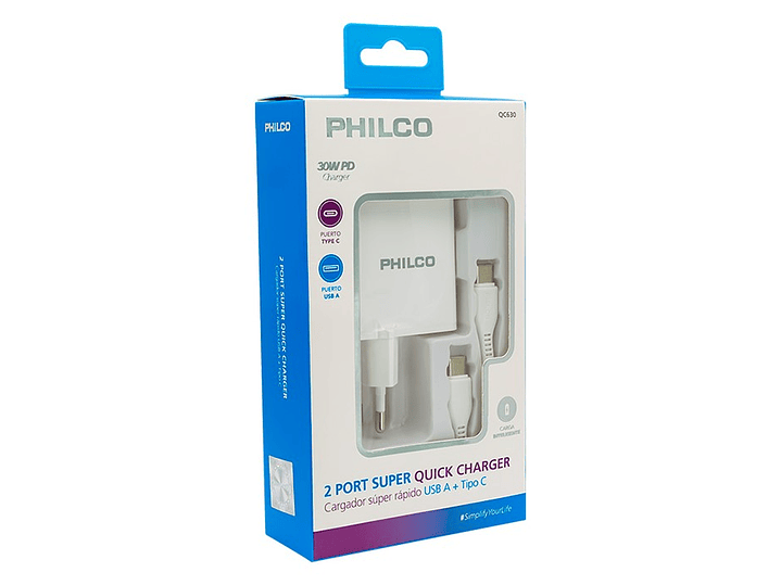 Cargador Super Rapido Philco 30W PD 2