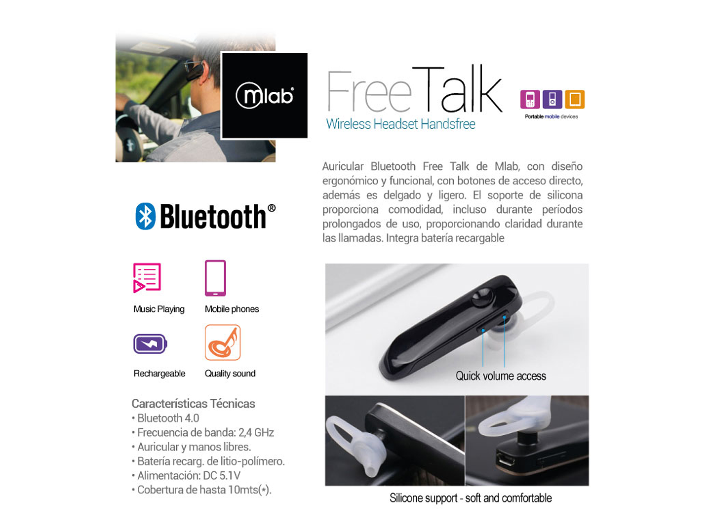 Audífonos Bluetooth Manos Libres Mlab 4.1 Free Talk 5