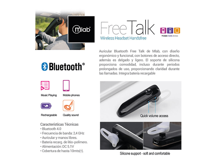 Audífonos Bluetooth Manos Libres Mlab 4.1 Free Talk 5