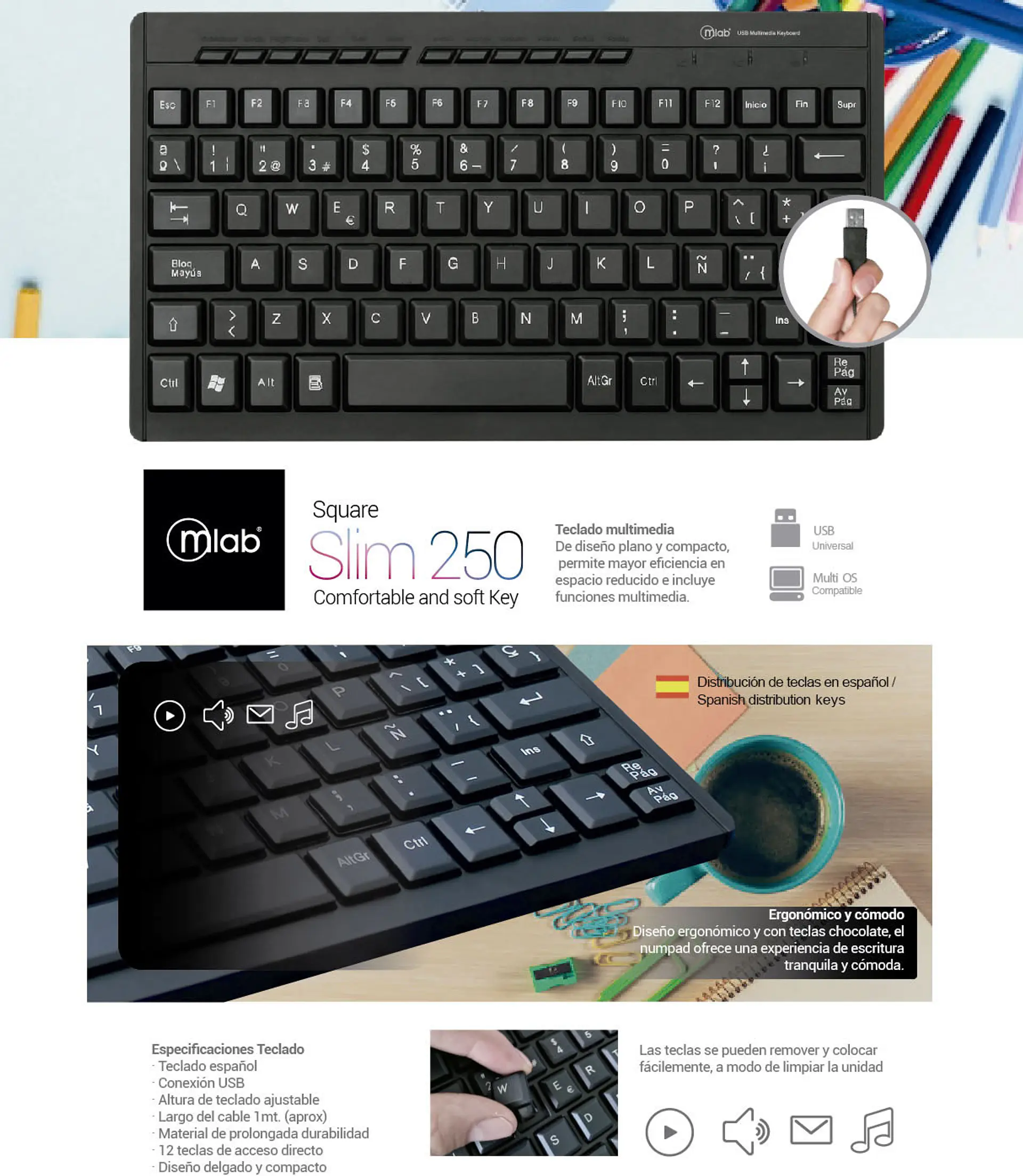 Teclado Multimedia Mlab Square Slim 250 Usb 2