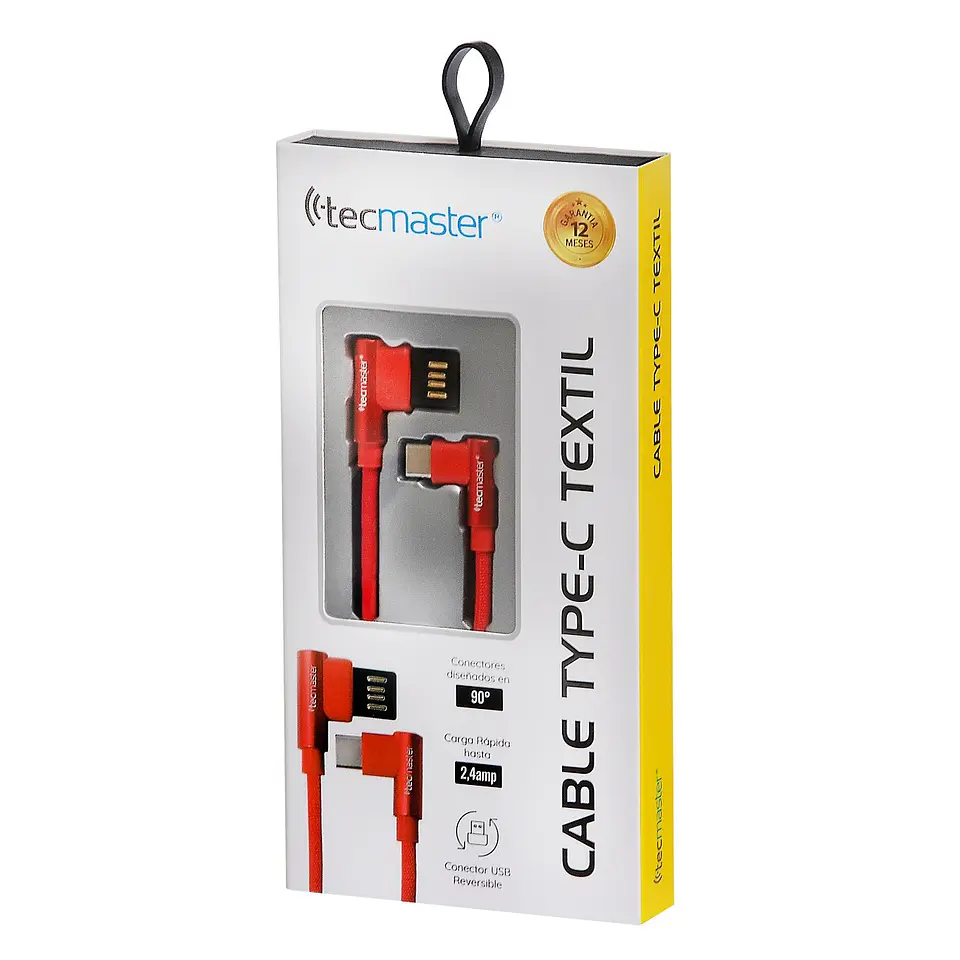 Cable Usb Tipo C Textil 90° Tecmaster Rojo 2