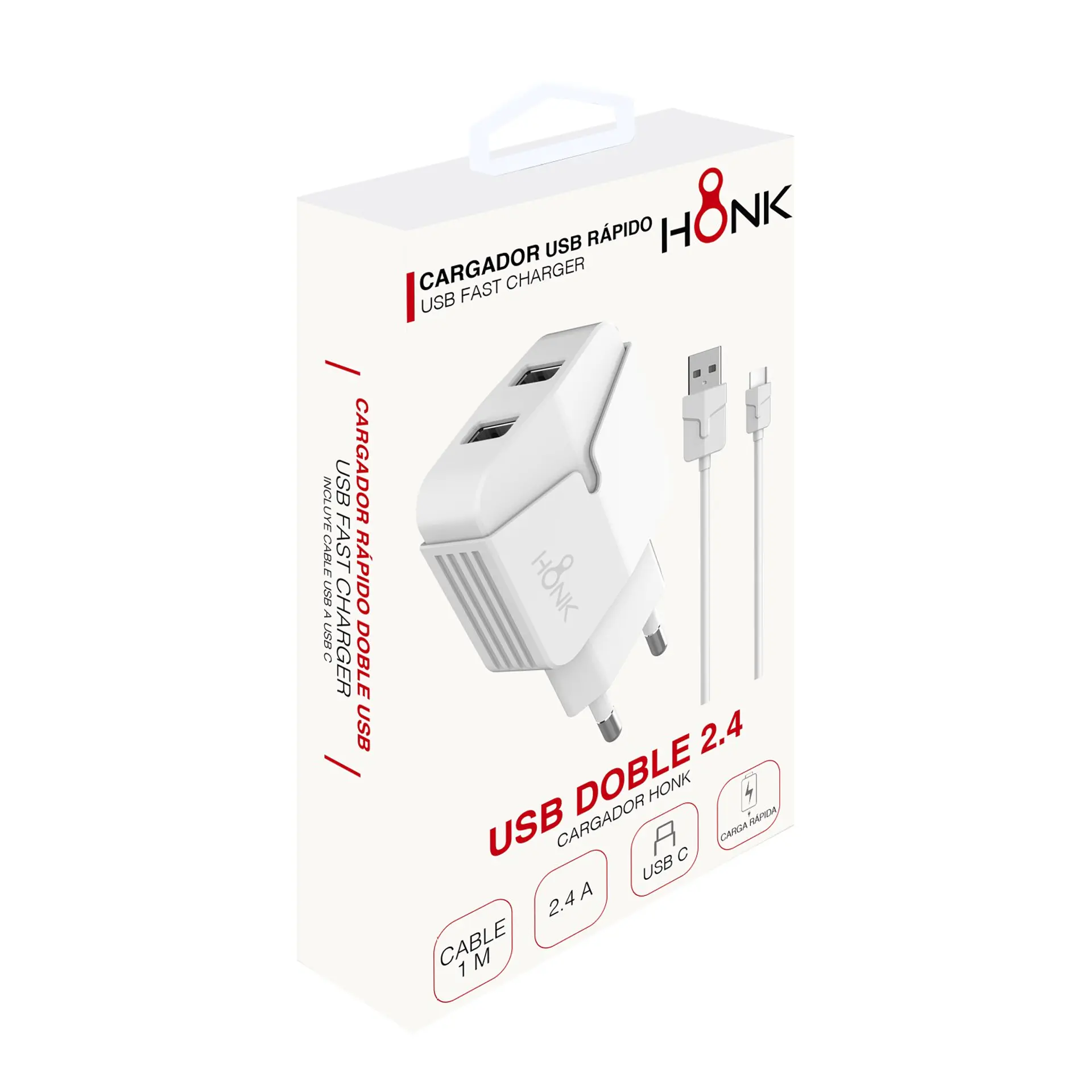 Cargador Pared Doble y Cable Tipo C Honk 2.4A 2