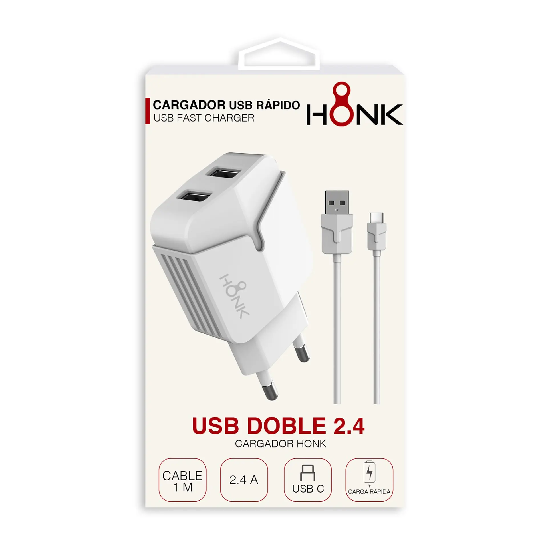 Cargador Pared Doble y Cable Tipo C Honk 2.4A 3