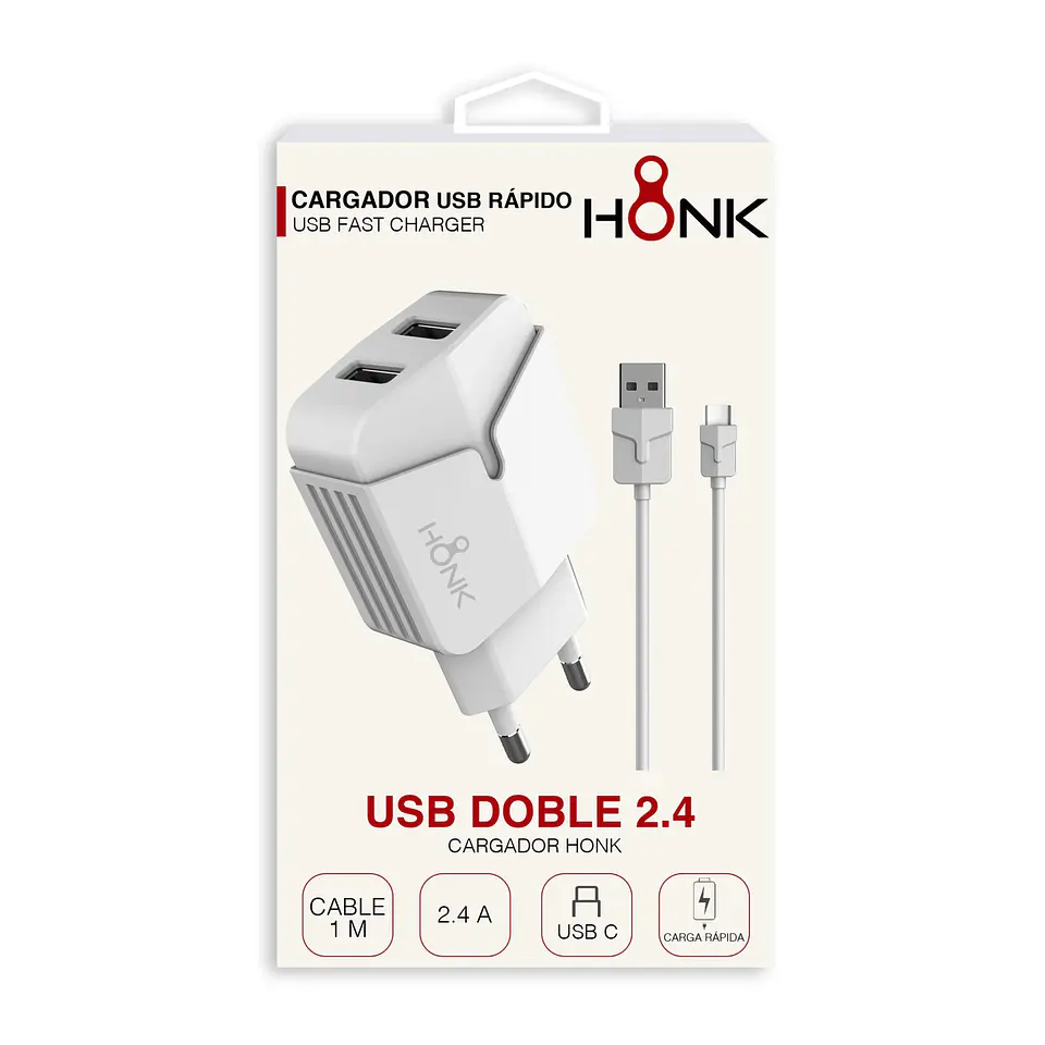 Cargador Pared Doble y Cable Tipo C Honk 2.4A 3