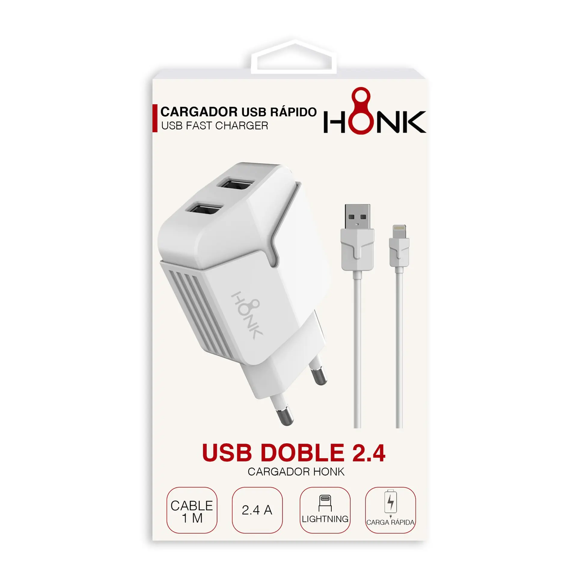 Cargador Pared Doble y Cable Lightning Honk 2.4A 3