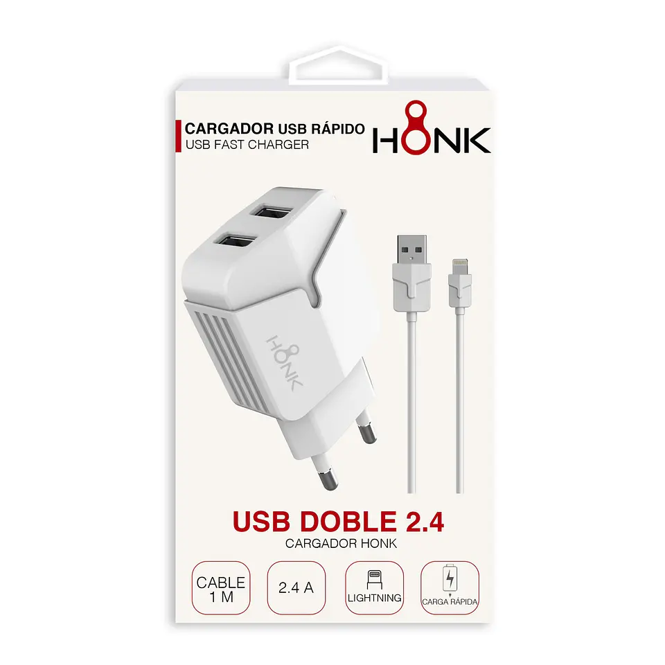 Cargador Pared Doble y Cable Lightning Honk 2.4A 3