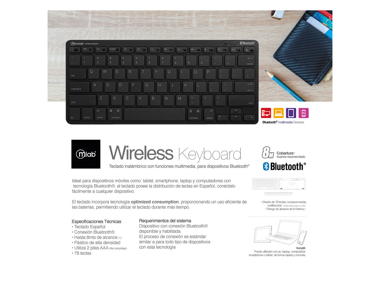 Mini Teclado Bluetooth Mlab 78 teclas 2