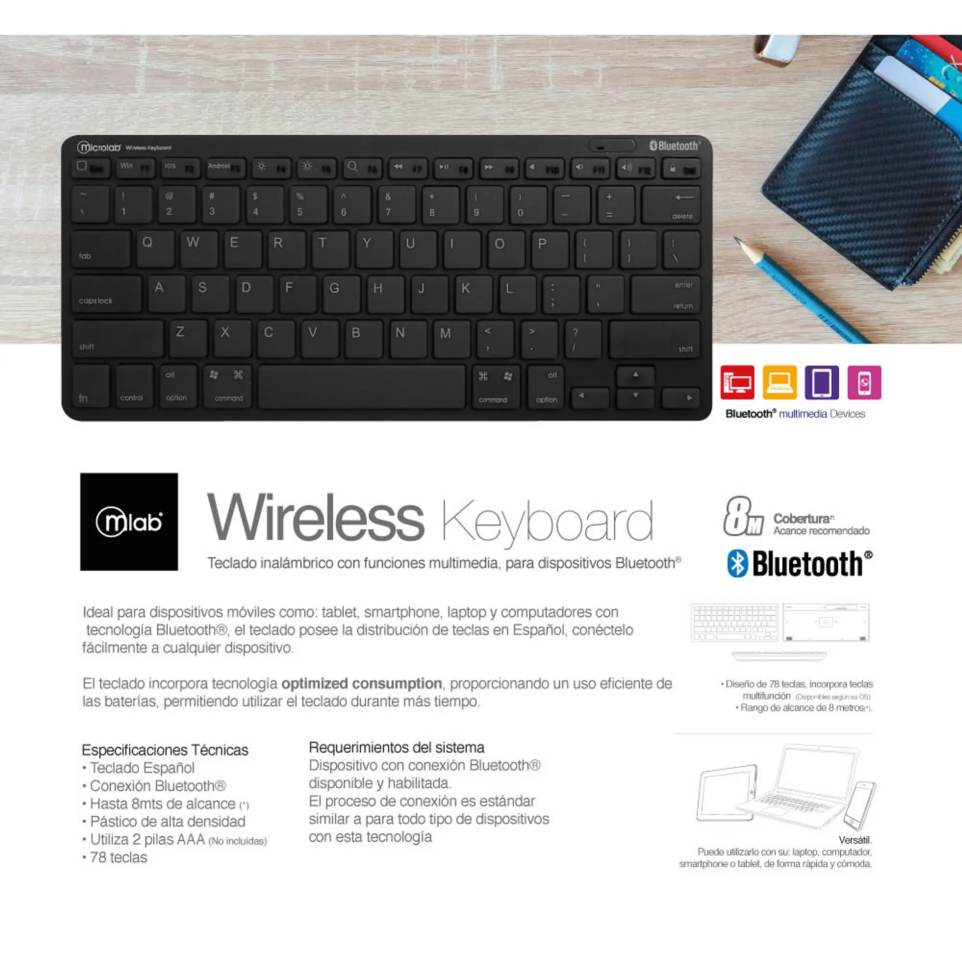 Mini Teclado Bluetooth Mlab 78 teclas 2